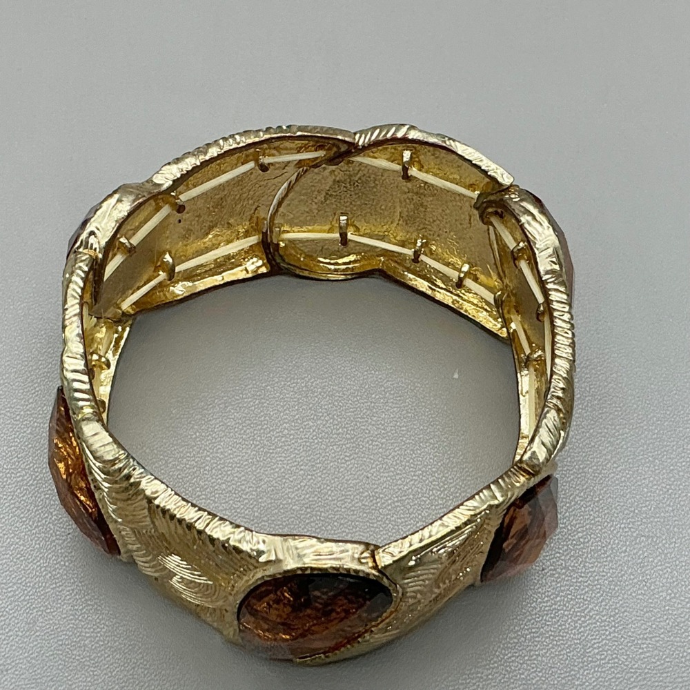 Stretch Bracelet Women Gold Tone Amber Foil Tear Drop Textured Wide Statement - Picture 3 of 6